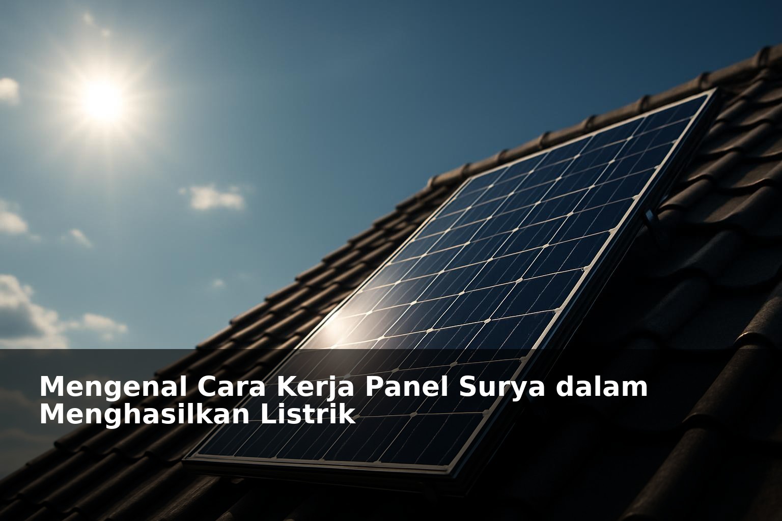 Panel surya modern dengan latar langit cerah dan sinar matahari