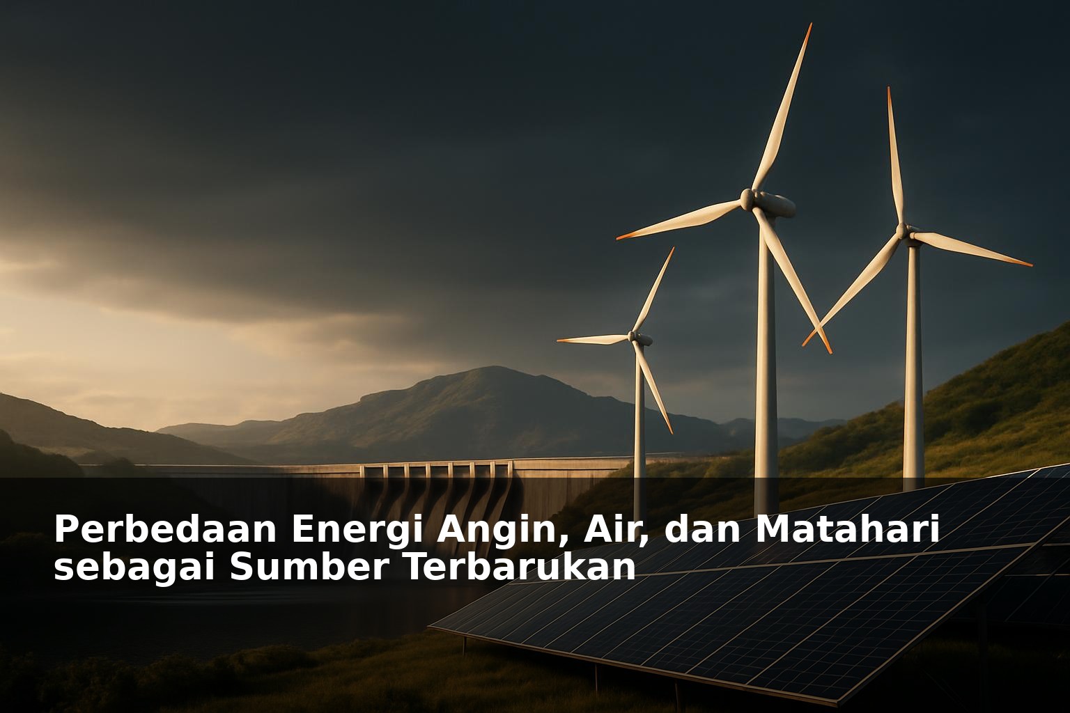 Ilustrasi energi angin, air, dan matahari sebagai sumber energi terbarukan