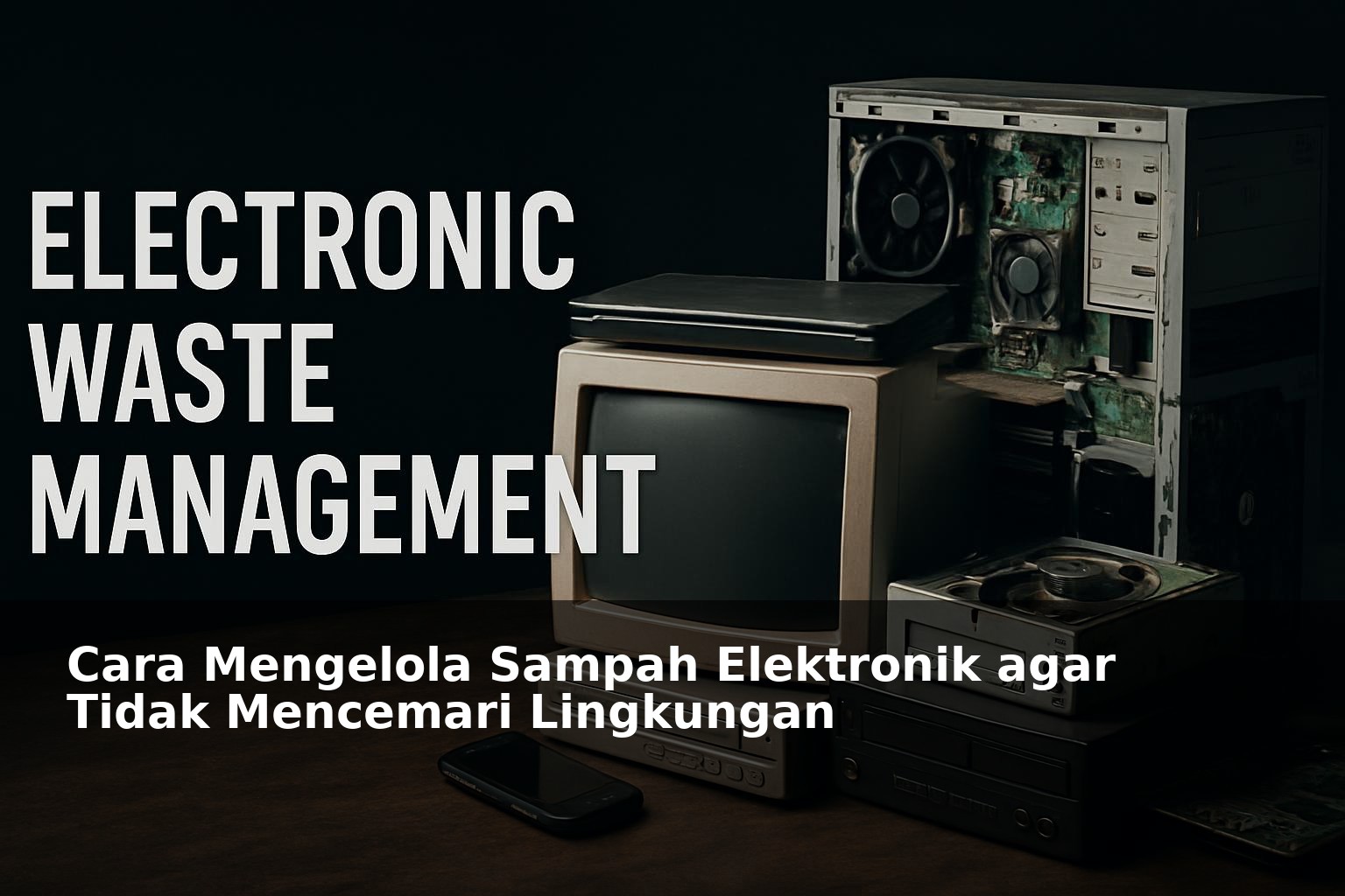 Ilustrasi pengelolaan sampah elektronik dengan tumpukan perangkat elektronik bekas dan proses daur ulang