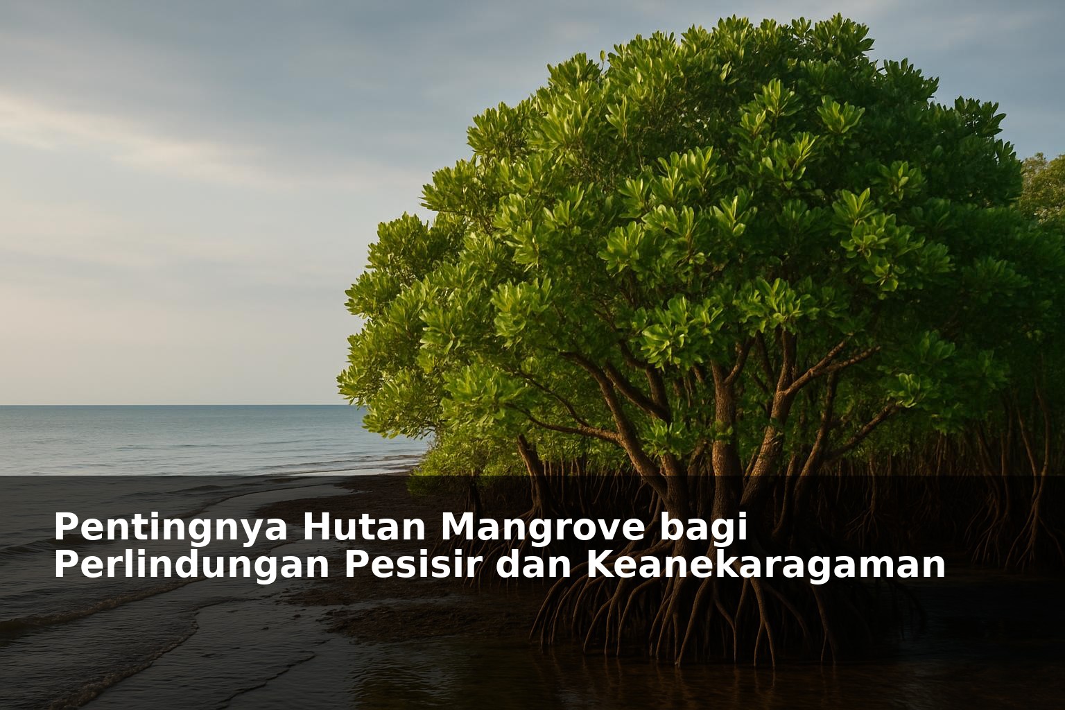 Pemandangan hutan mangrove di pesisir dengan air jernih dan langit cerah