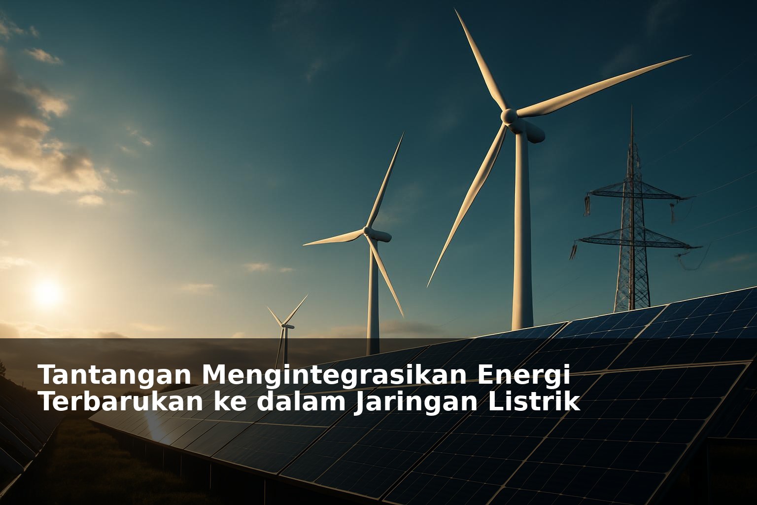 Panel surya dan turbin angin di ladang energi terbarukan dengan jaringan listrik modern